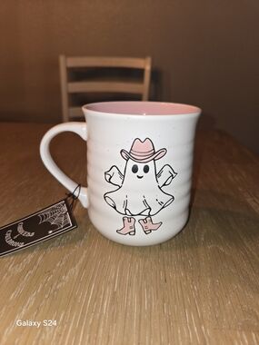 Ghost Cowboy Ceramic Mug Cobwebs & Cauldrons New Hand Painted Boo Yah!!